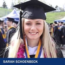 Sarah Schoenbeck wearing her cap and gown and the text Sarah Schoenbeck.