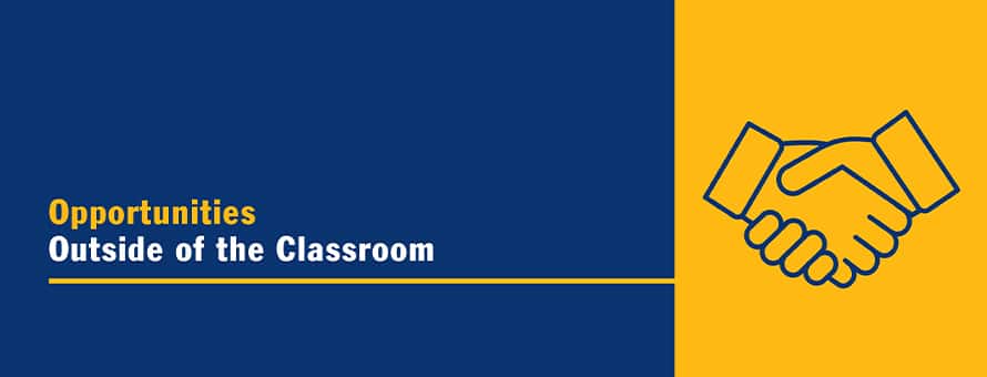 The blue outline of two hands shaking on a yellow background and the text Opportunities Outside of the Classroom.