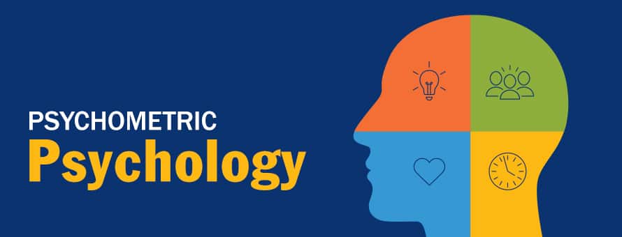 Profile of a human head split into four multi-colored sections and icons and the text Psychometric Psychology.