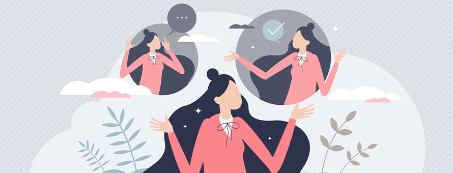 Illustration of a woman gesturing with open hands, surrounded by thought bubbles showing different expressions, one speaking, one listening and one with a checkmark.
