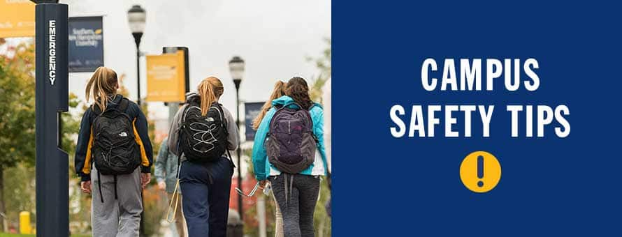 An emergency blue-light phone on a populated walkway at Southern New Hampshire University.