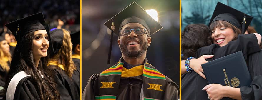 A collage of three graduating students at different commencement events