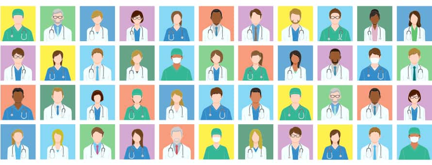 Graphic image of healthcare professionals from diverse backgrounds 