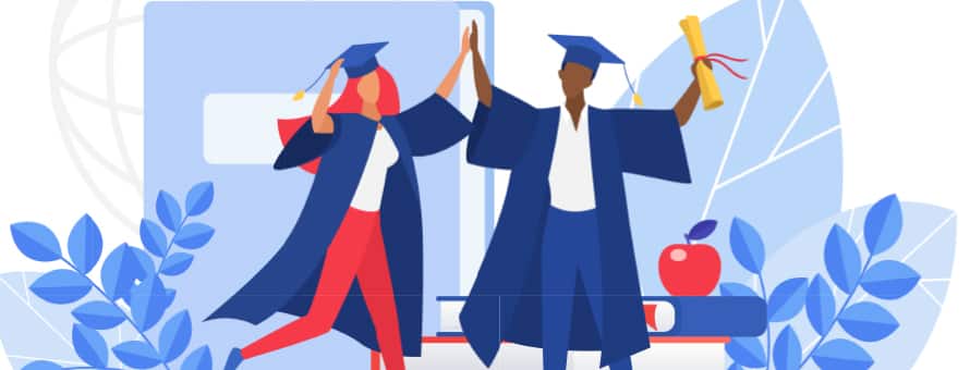 Two cartoon college graduates high-fiving in their caps and gowns.