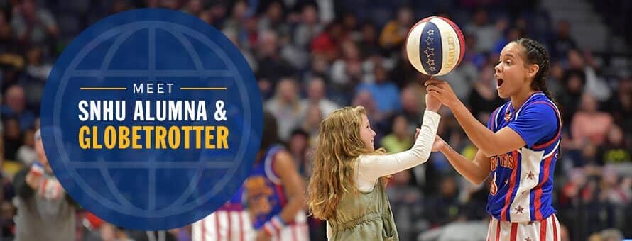 Briana Green helping a girl spin a basketball on her finger and the text Meet SNHU Alumna and Globetrotter.