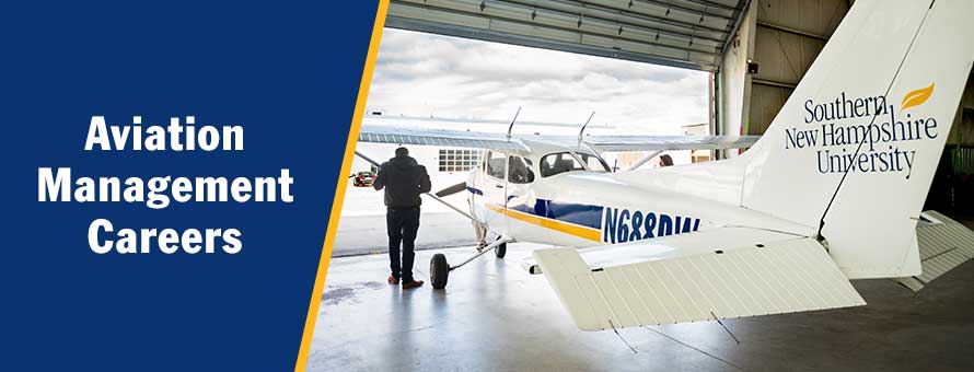 A pilot in an aviation management career tending to an airplane inside a hangar