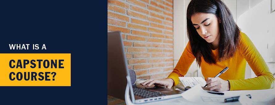 Student studying on laptop with text What is A Capstone Course?