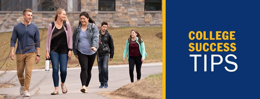 A group of five students walking through a college campus with the text College Success Tips