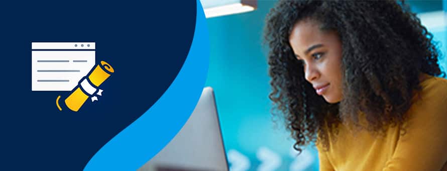 A college student using a laptop to the right of an icon of a diploma and web browser, representing an online degree.