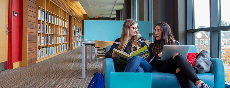 Two students working on assignments in the library