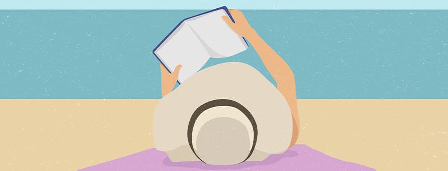 Illustration of a person lying on a beach towel by the water, wearing a wide-brimmed sun hat and holding an open book above their face while relaxing on a sandy beach.