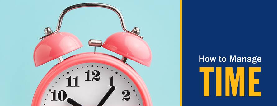 The top half of a pink alarm clock with two bells on top and the text How to Manage Time.