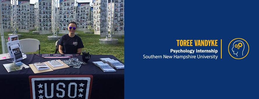 Toree Vandyke sitting at table at a USO event and the text Toree Vandyke, psychology internship, Southern New Hampshire University.