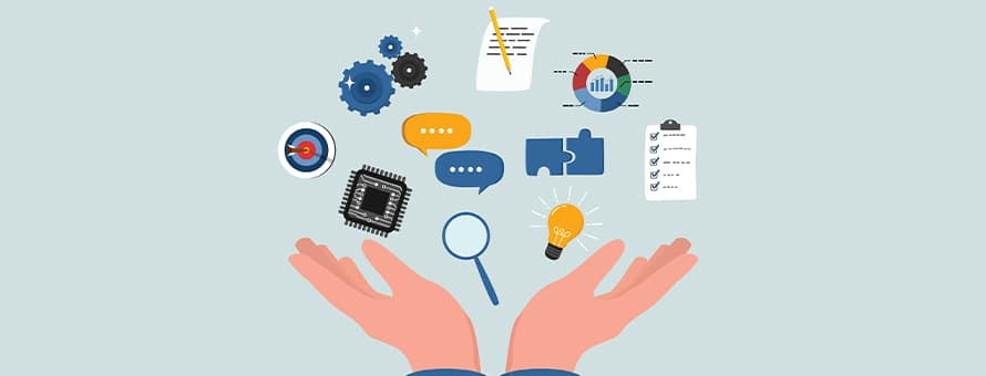 Illustration of hands holding icons representing transferable skills, including communication, problem-solving and innovation.