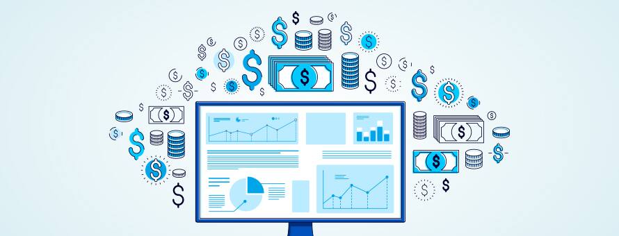 Graphic treatment of a computer with graphcs and charts on it surrounding by dollar signs, coins and dollar bills