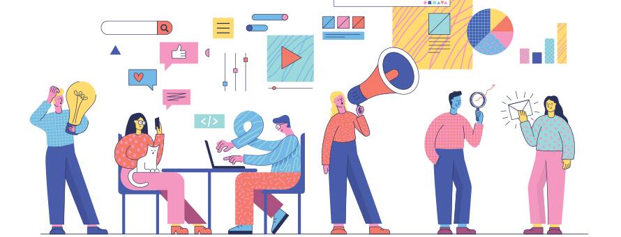 A colorful and stylized illustration related to marketing concepts. It features a variety of characters engaged in different activities typically associated with the types marketing.