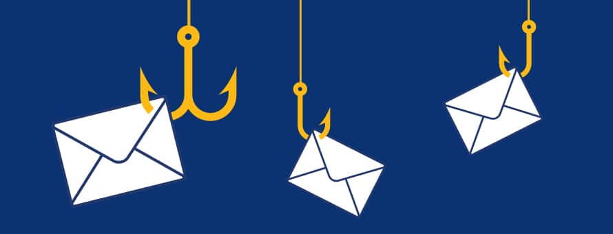 Two small white envelope email icons caught on yellow fish hooks represent types of phishing