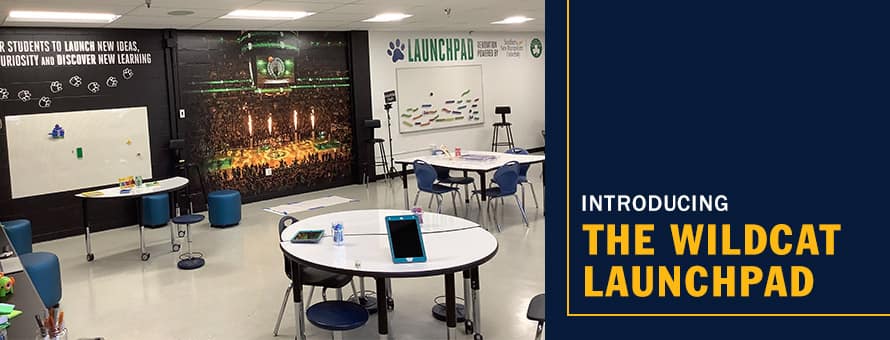 The new STEAM lab at Webster Elementary School featuring tablets and other technology on tables and wall space, with the text Introducing the Wildcat LaunchPad.
