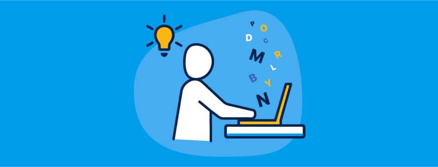 An illustration of a creative writer with a lightbulb above them, typing on a laptop with letters floating above the keyboard.