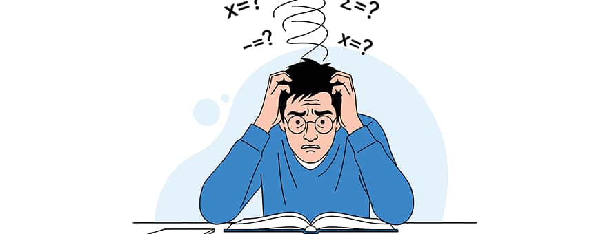 An illustrated man looking distressed with a flurry of equations above his head, representing math anxiety.