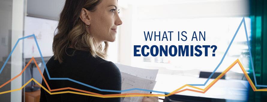 A student learning what an economist while holding papers and looking at a computer screen with the text how to become an economist.