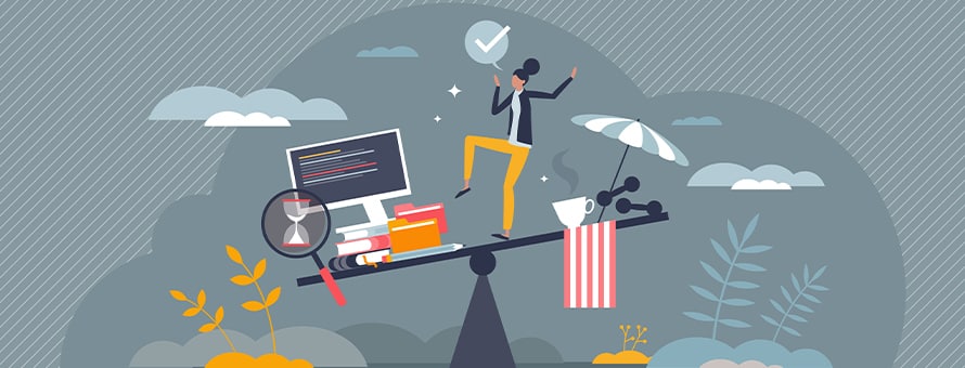 A cartoon person standing on a balance beam trying to find the balance between their work and their personal life.