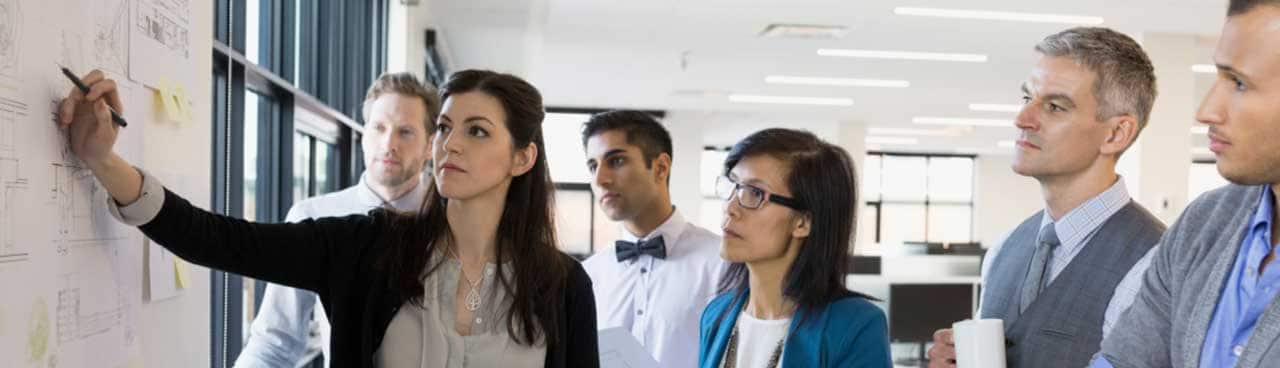 A group of business men and women in a meeting