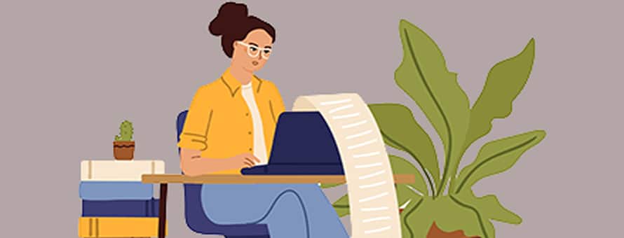 A cartoon writer wearing a yellow jacket, typing on a laptop with a long piece of paper coming out of it and hanging toward the ground.