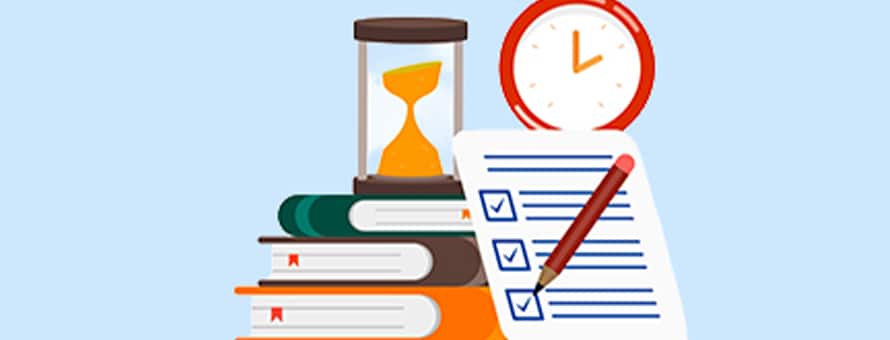 An illustrated stack of books, clock, timer and checklist to represent college credits over time.