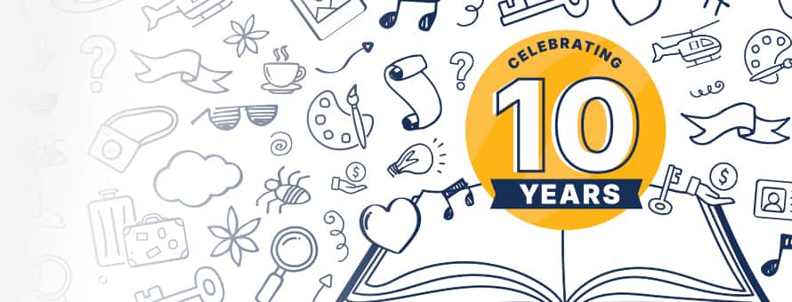 Celebrating 10 years with a yellow badge, surrounded by icons of travel, art, music, and hobbies, with an open book graphic at the bottom.