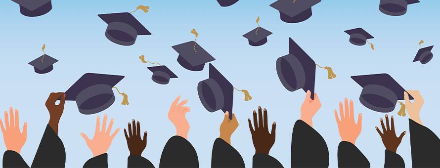 Illustration of graduates tossing graduation caps into the air against a blue sky.