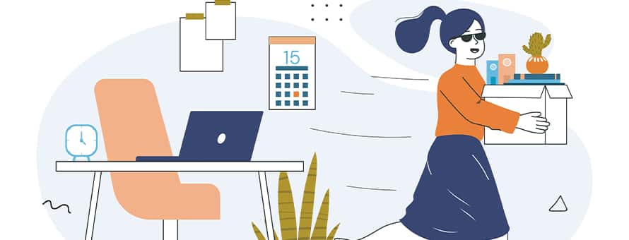 Illustration of a woman carrying a box of office supplies, walking away from a desk with a laptop, calendar, and plant.