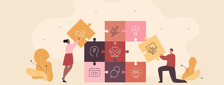 Illustration of people assembling puzzle pieces with symbols representing communication, creativity and critical thinking in the humanities.