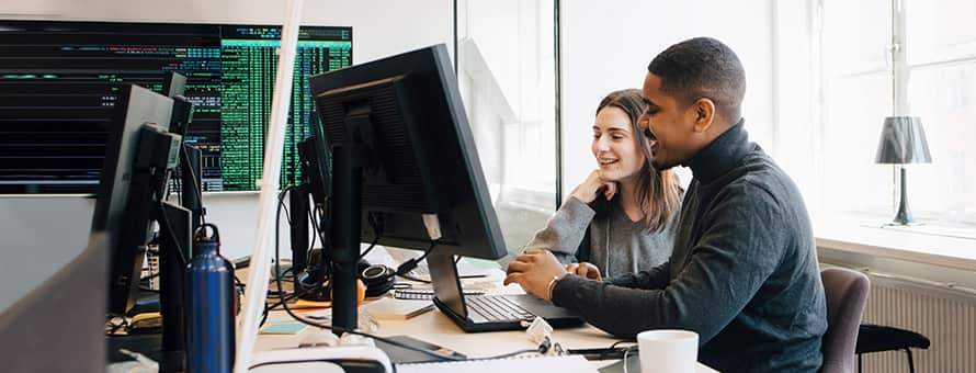 Two professionals sitting at a desk looking at a computer