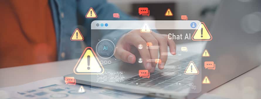 A person on their laptop surrounded by warning icons to represent AI misinformation and disinformation.