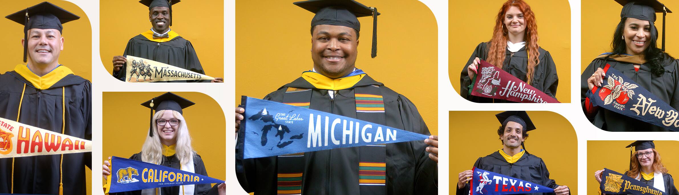 A collage of 8 SNHU graduate in caps and gown holding flags with state names on them, including Hawaii, Massachusetts, California, Michigan, New Hampshire, Texas, New York and Pennsylvania.
