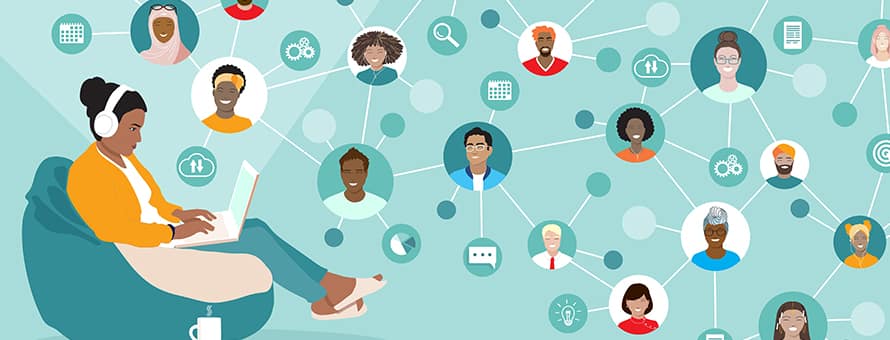 A cartoon woman sitting with her laptop, surrounded by a network of connections representing an online learning community.