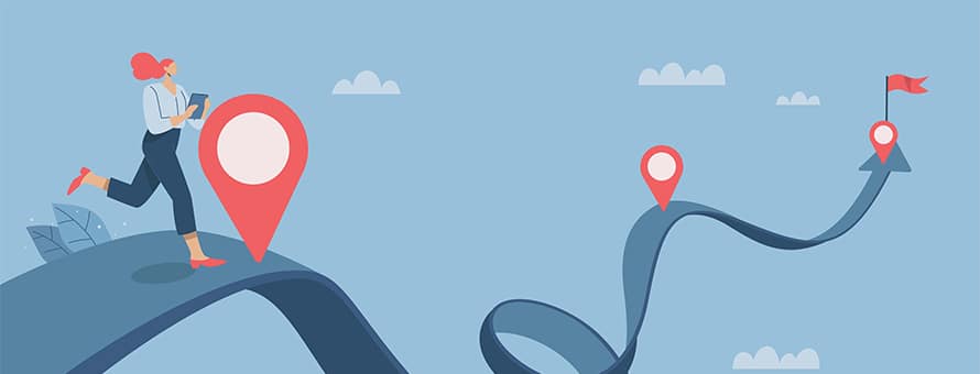 An illustration of a woman walking on a path towards her personal growth marked with location pins