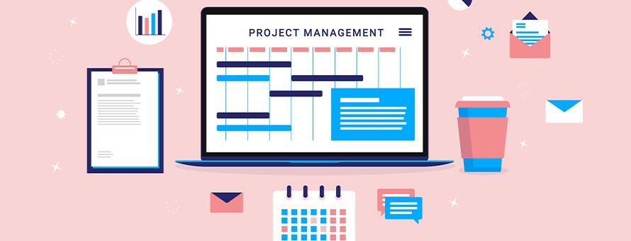 A laptop displaying a project management timeline with planning and communication icons.