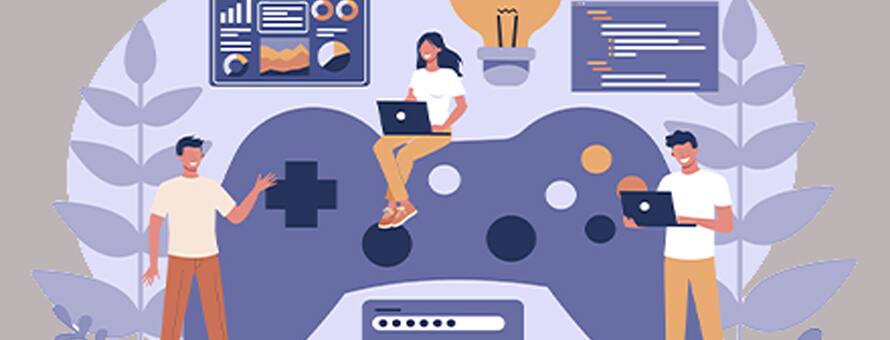 An illustration of people using laptops around a game controller with coding, analytics and design icons representing game development.