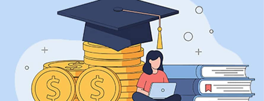 Illustration of stacked gold coins topped with a graduation cap beside a person using a laptop and a stack of books.