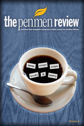 Cover of the first volume of the Penmen Review featuring a coffee cup, saucer and spoon with words floating in the coffee.