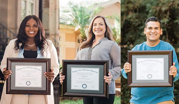 A collage of three SNHU graduates holding their diplomas.