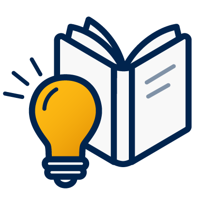 A decorative dark blue and yellow icon of a book with a lightbulb in front of it.