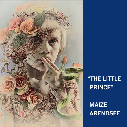 Portrait of a little boy cover in vines and flowers with the text "The Little Prince" Maize Arendsee